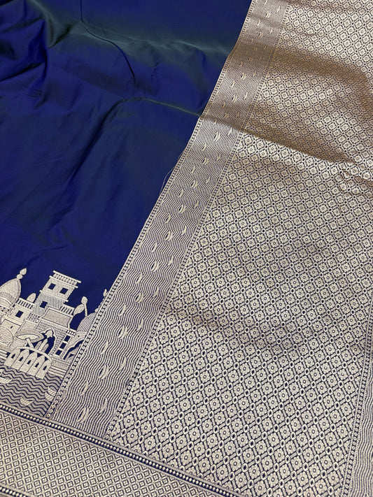 Kashi Darshan Mashru Saree – Navy Blue