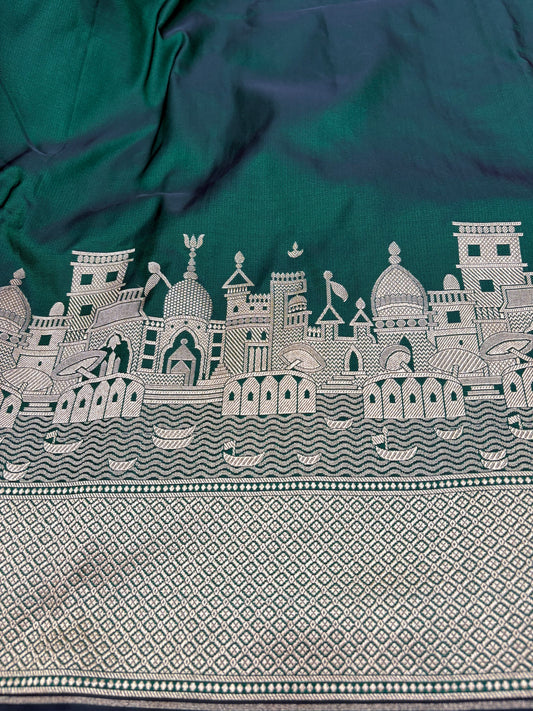 Kashi Darshan Mashru Saree – Peacock Green
