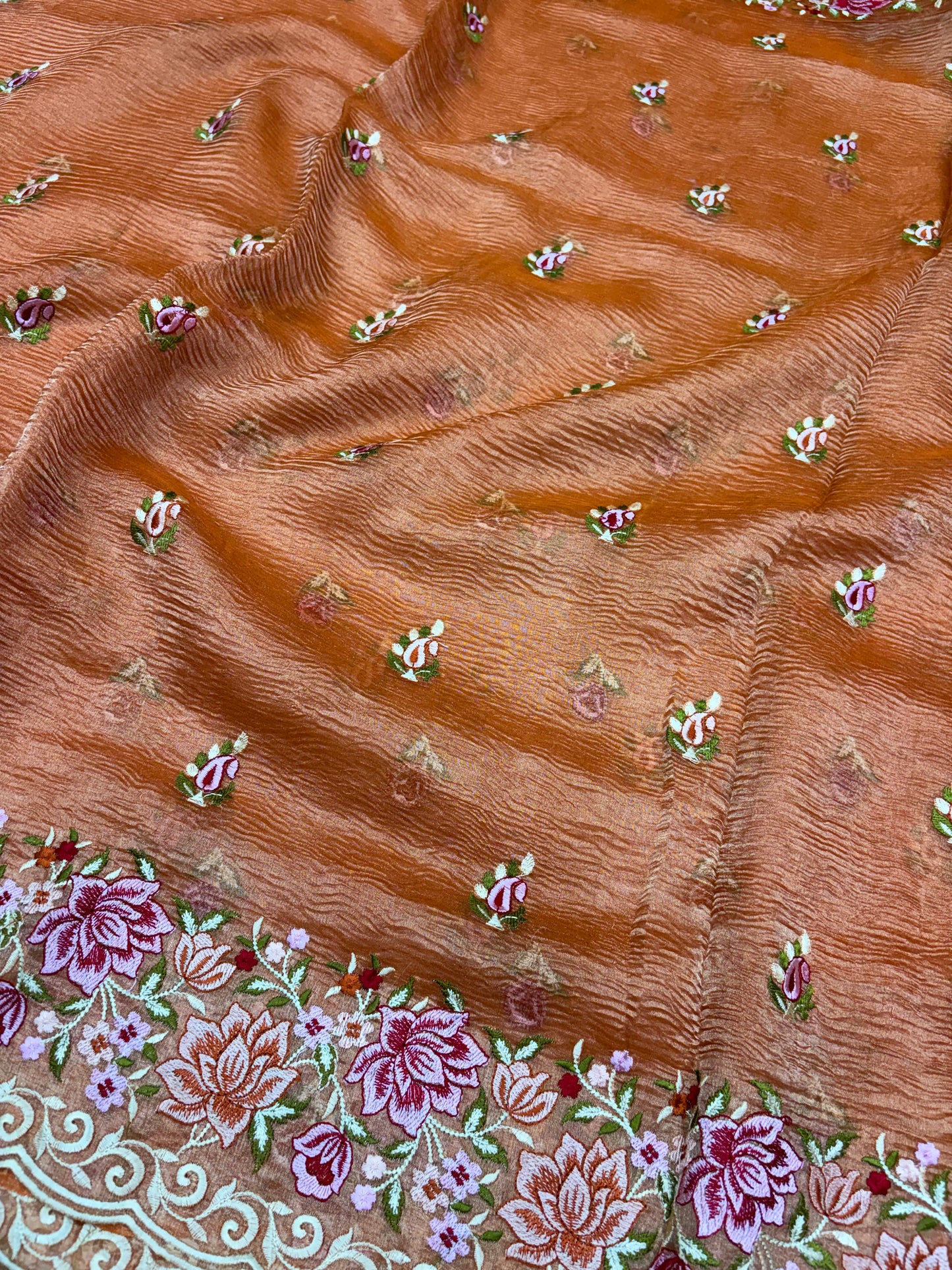 Sunset Peach Bloom Embroidery Pure Tissue Saree