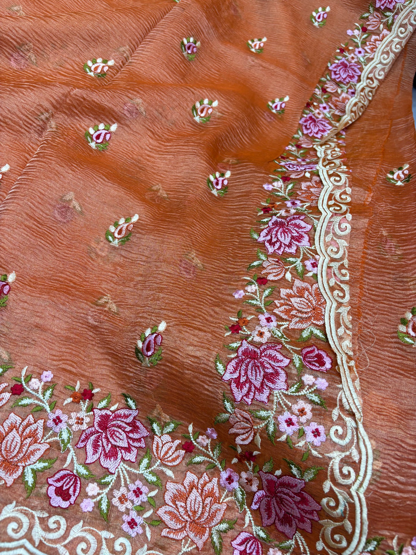 Sunset Peach Bloom Embroidery Pure Tissue Saree