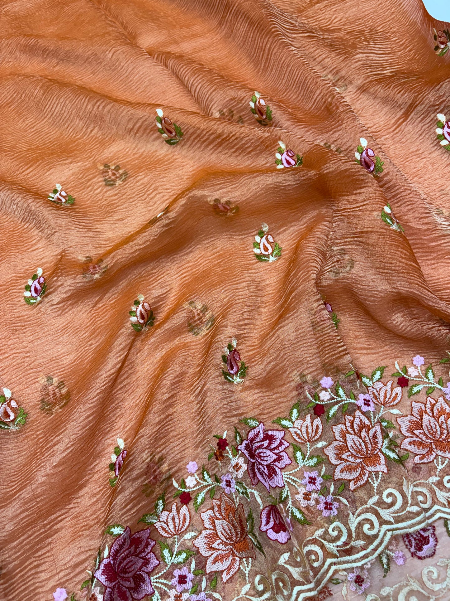Sunset Peach Bloom Embroidery Pure Tissue Saree