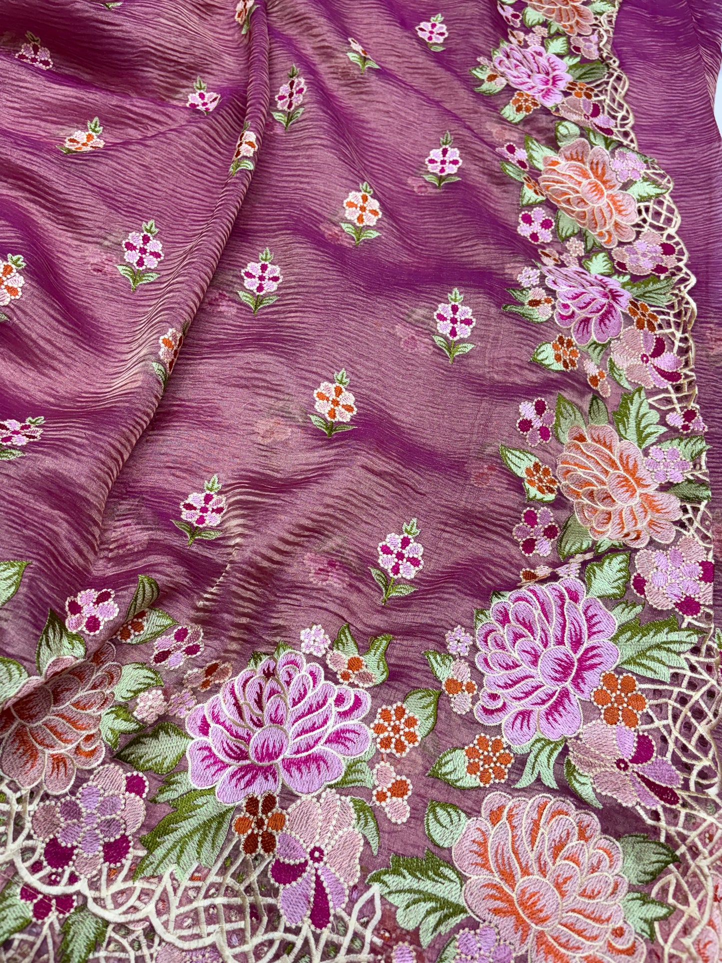 Rosé Bloom Embroidery Pure Tissue Saree