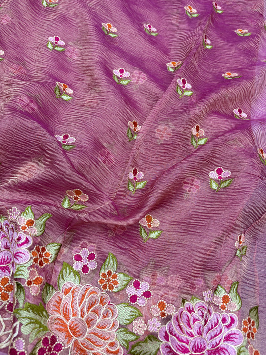 Rosé Bloom Embroidery Pure Tissue Saree