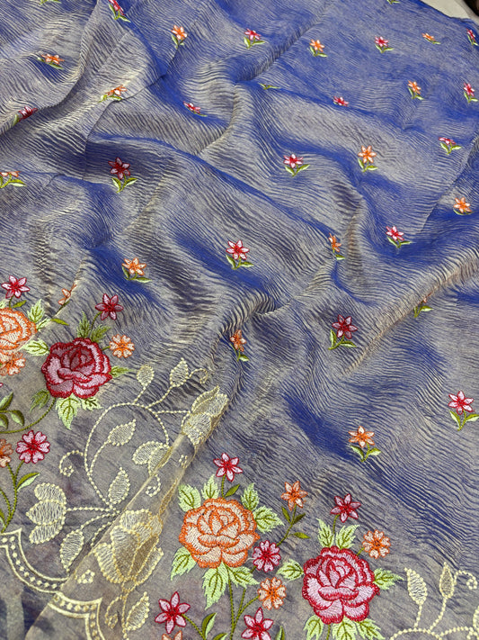 Moonlit Blue Embroidered Pure Tissue Saree
