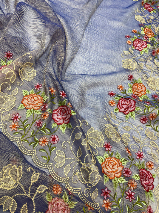 Moonlit Blue Embroidered Pure Tissue Saree