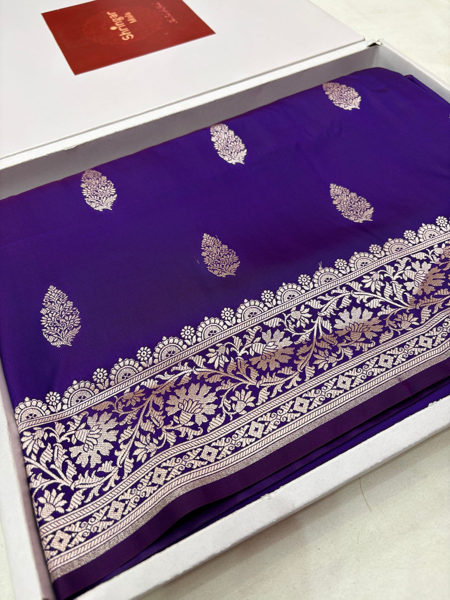 Royal Purple Banarasi Katan Silk Saree – Floral Buti with Striped Blouse