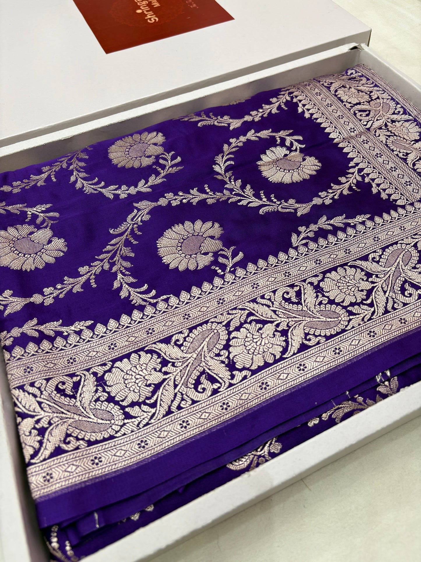 Royal Purple Mashru Katan Banarasi Saree – Silver Zari Floral Jaal