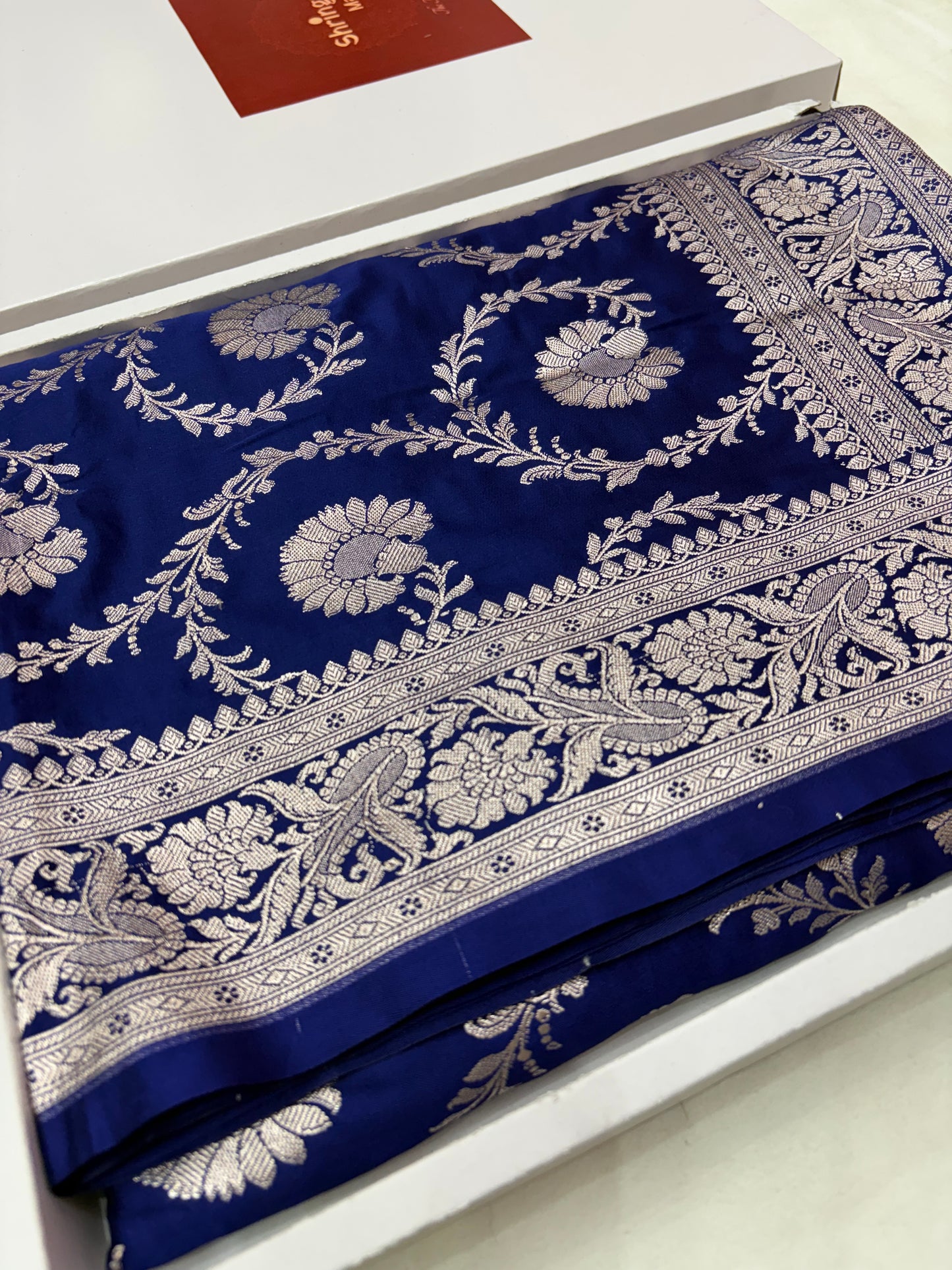 Royal Blue Mashru Katan Banarasi Saree – Silver Zari Floral Jaal