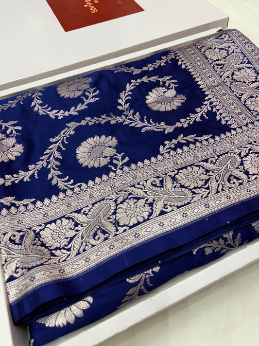 Royal Blue Mashru Katan Banarasi Saree – Silver Zari Floral Jaal (K50)
