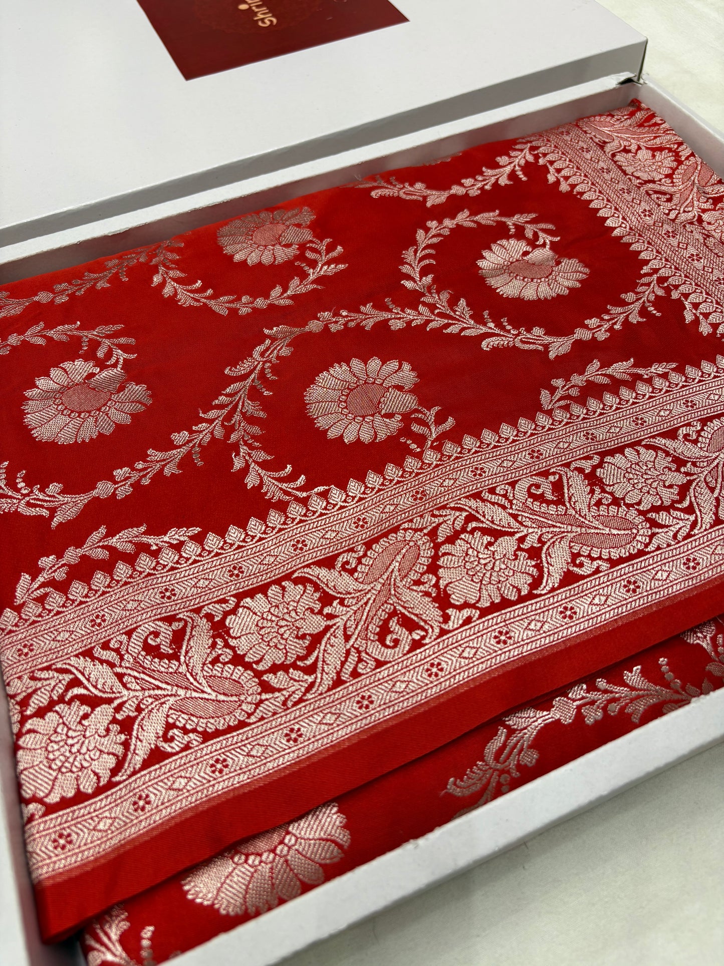 Red Mashru Katan Banarasi Saree – Silver Zari Floral Jaal