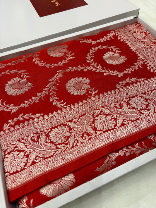 Red Mashru Katan Banarasi Saree – Silver Zari Floral Jaal (K49)