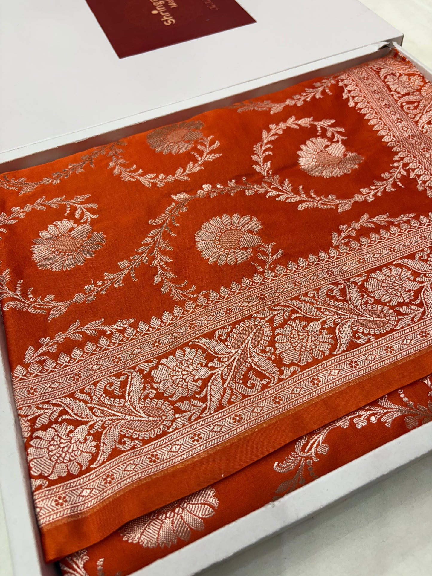 Orange Mashru Katan Banarasi Saree – Silver Zari Floral Jaal