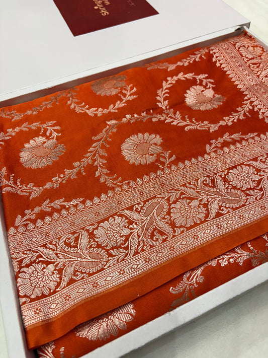 Orange Mashru Katan Banarasi Saree – Silver Zari Floral Jaal (K51)
