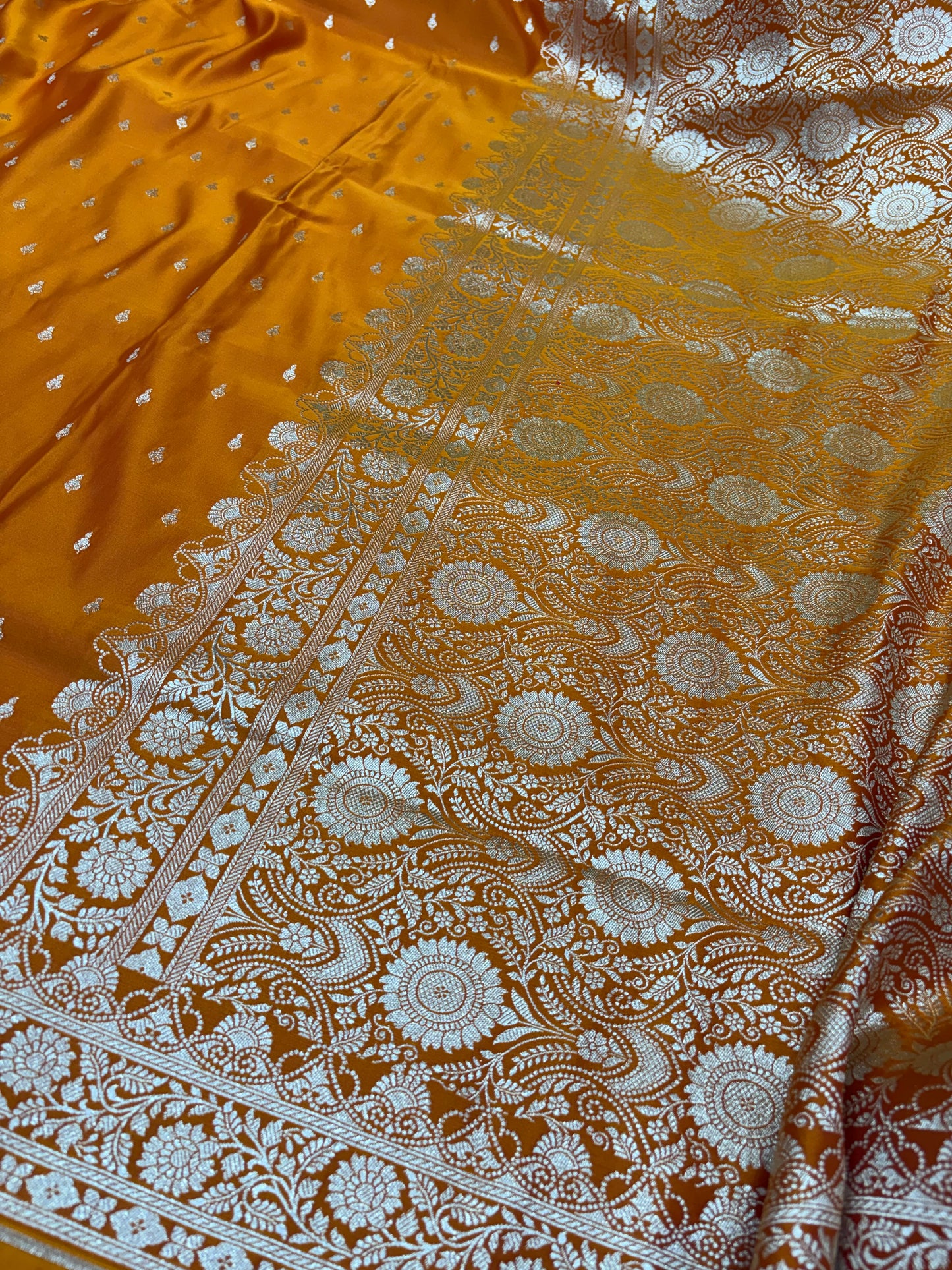 Mustard Gold Banarasi Katan Silk Saree – Floral Buti Weave