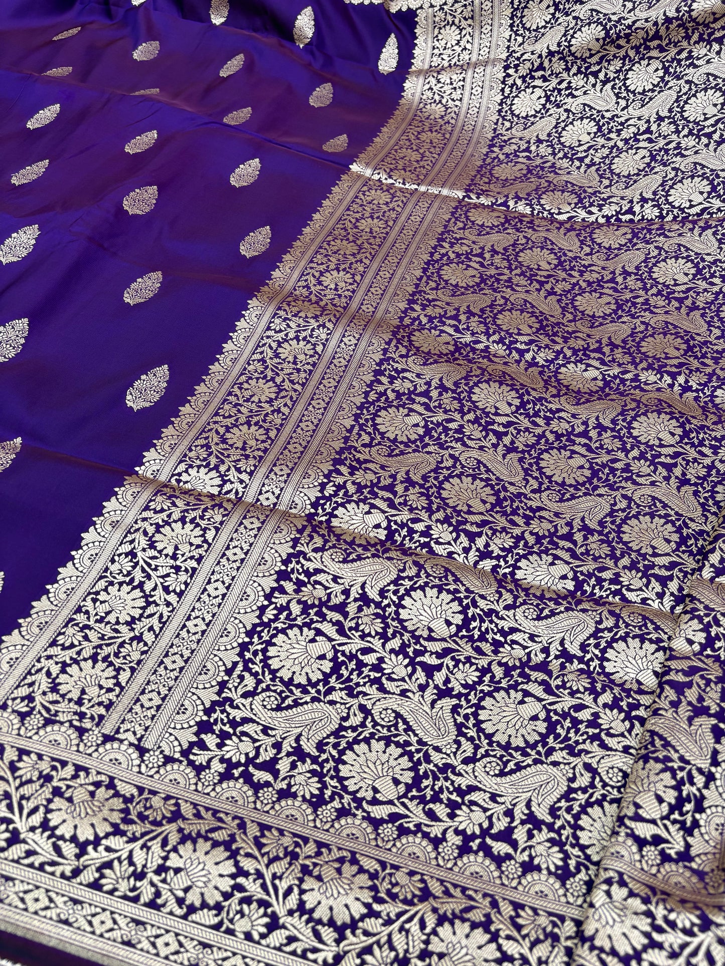 Royal Purple Banarasi Katan Silk Saree – Floral Buti with Striped Blouse