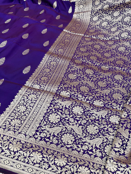 Royal Purple Banarasi Katan Silk Saree – Floral Buti with Striped Blouse (K55)