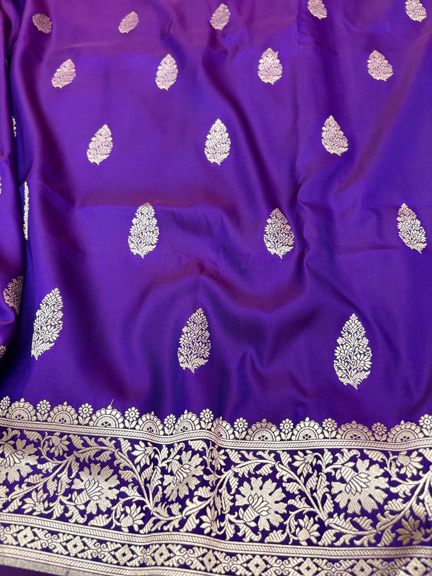 Royal Purple Banarasi Katan Silk Saree – Floral Buti with Striped Blouse
