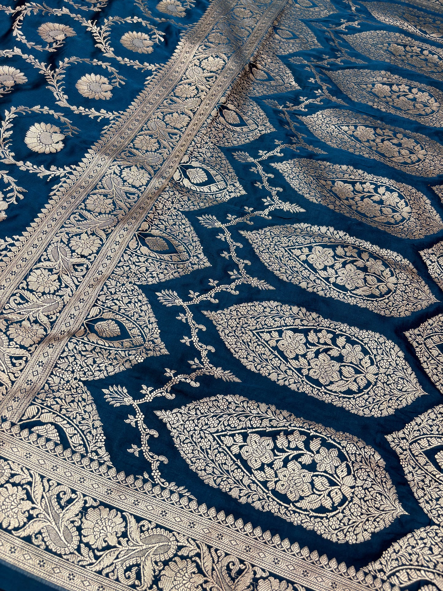 Teal Blue Mashru Katan Banarasi Saree – Silver Zari Floral Jaal