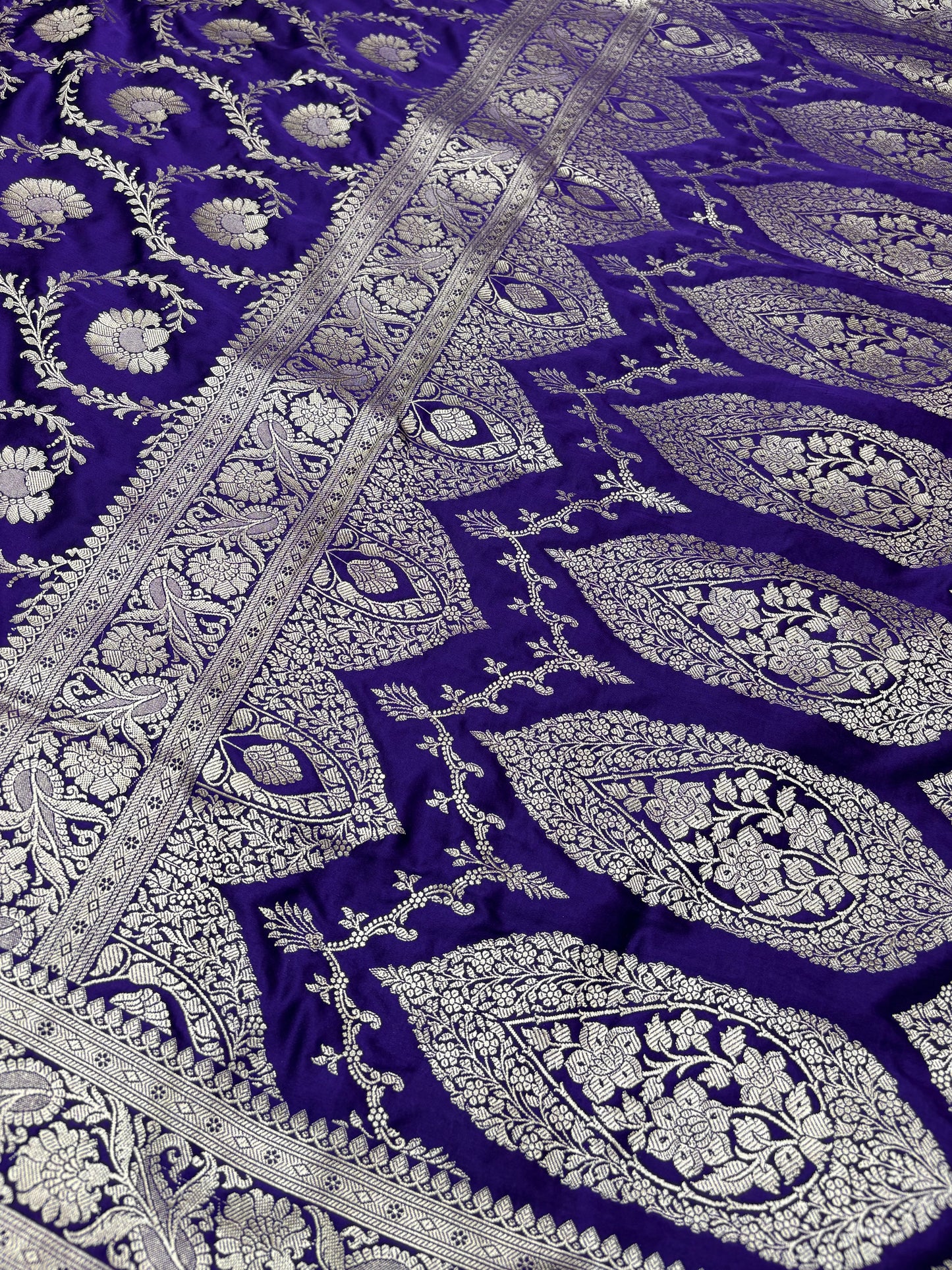 Royal Purple Mashru Katan Banarasi Saree – Silver Zari Floral Jaal