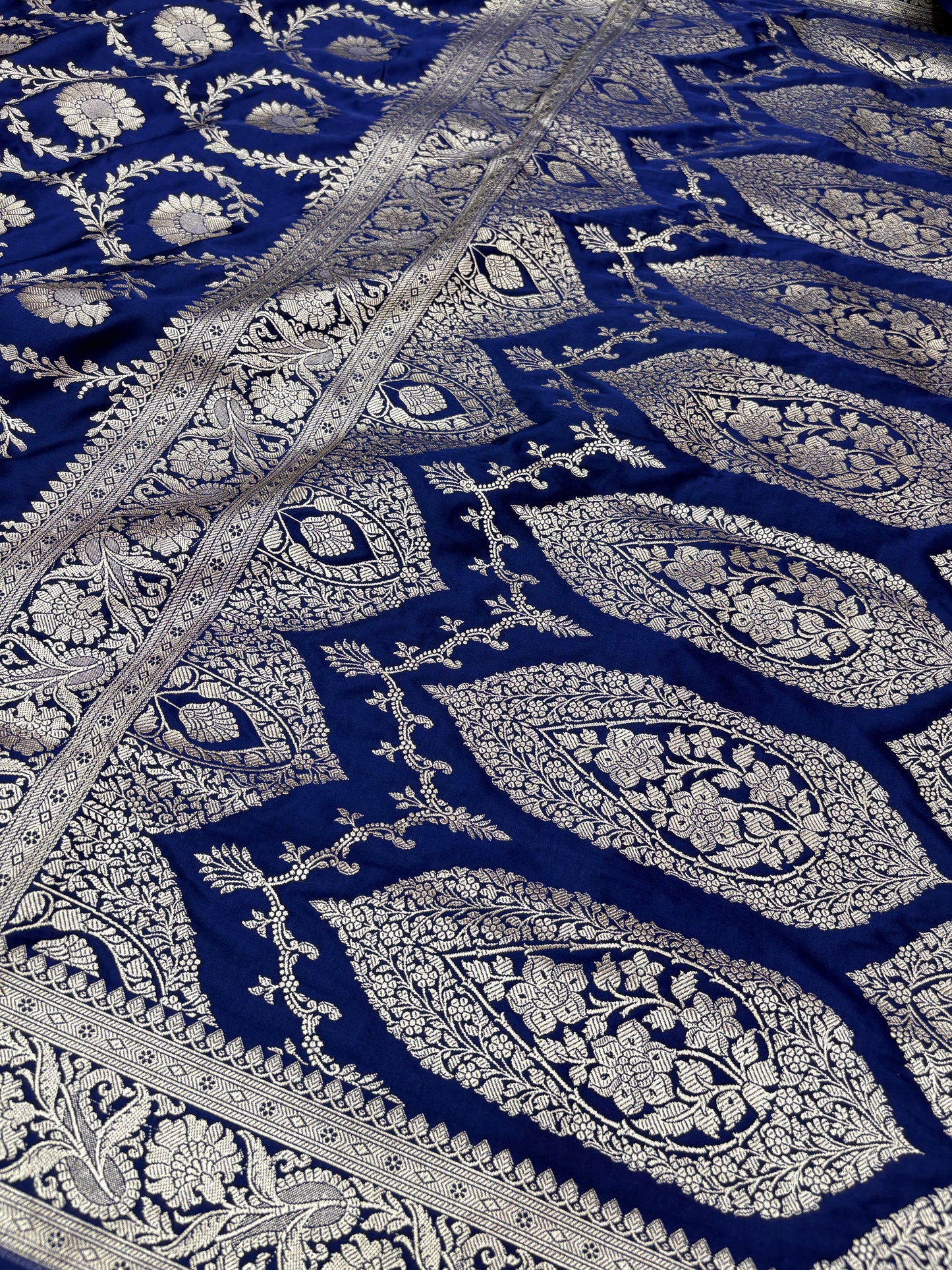 Royal Blue Mashru Katan Banarasi Saree – Silver Zari Floral Jaal