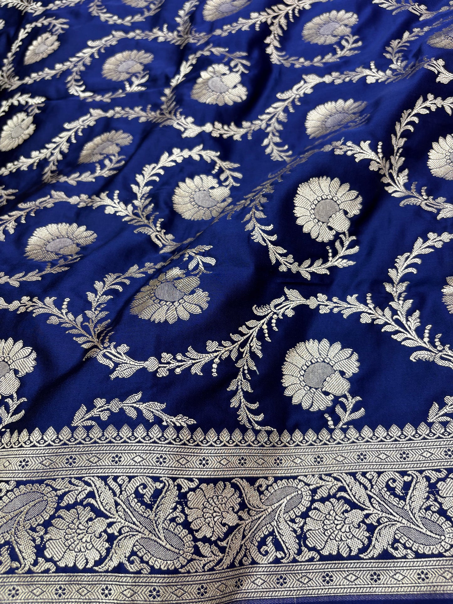 Royal Blue Mashru Katan Banarasi Saree – Silver Zari Floral Jaal