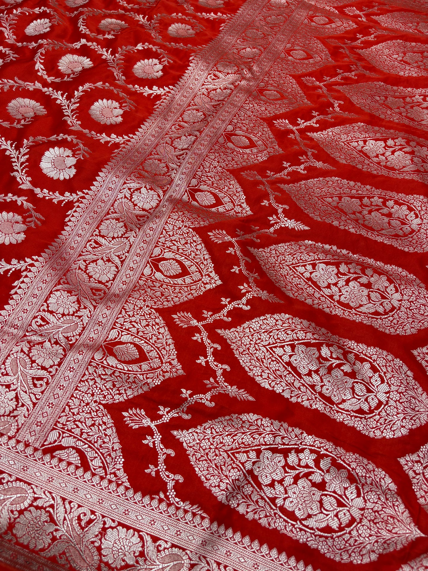 Red Mashru Katan Banarasi Saree – Silver Zari Floral Jaal