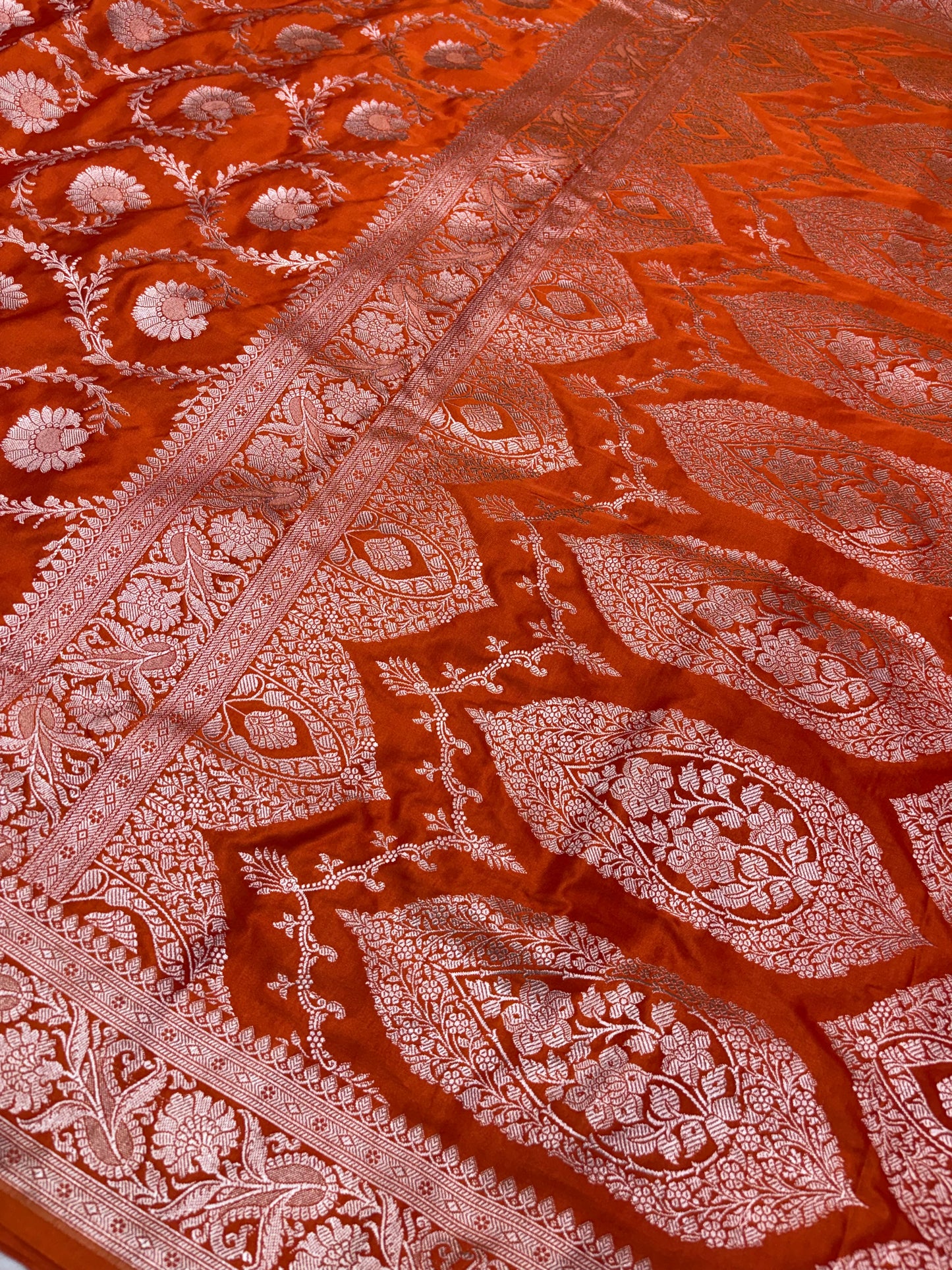 Orange Mashru Katan Banarasi Saree – Silver Zari Floral Jaal