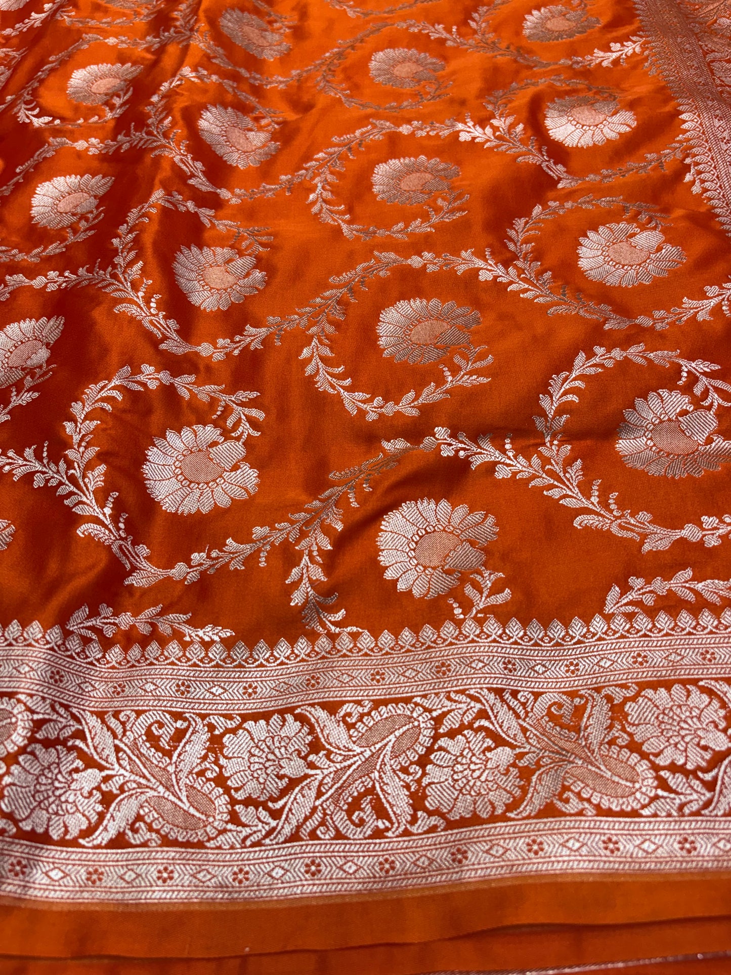 Orange Mashru Katan Banarasi Saree – Silver Zari Floral Jaal