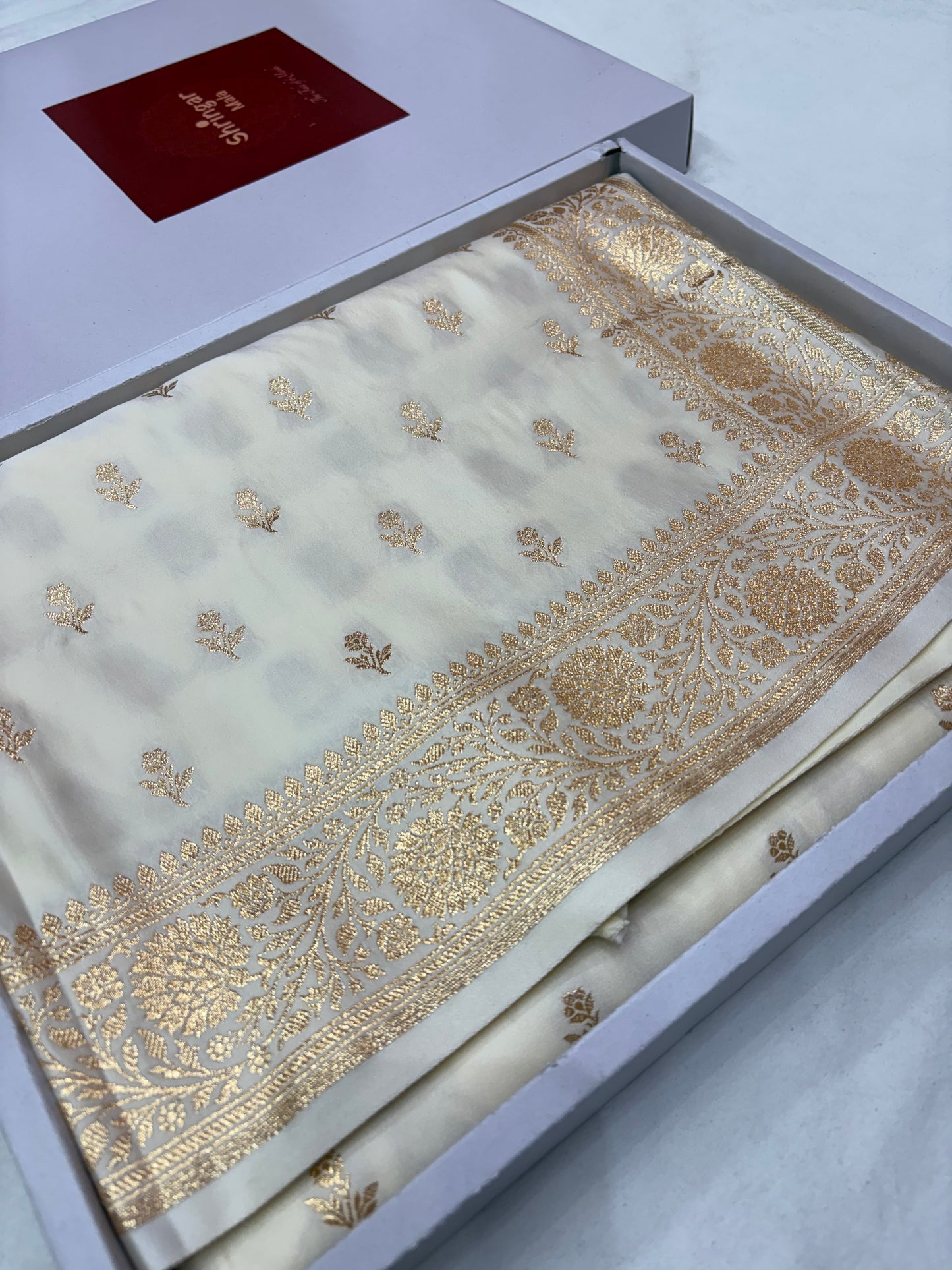 Ivory (White) Gold Zari Banarasi Katan Silk Saree