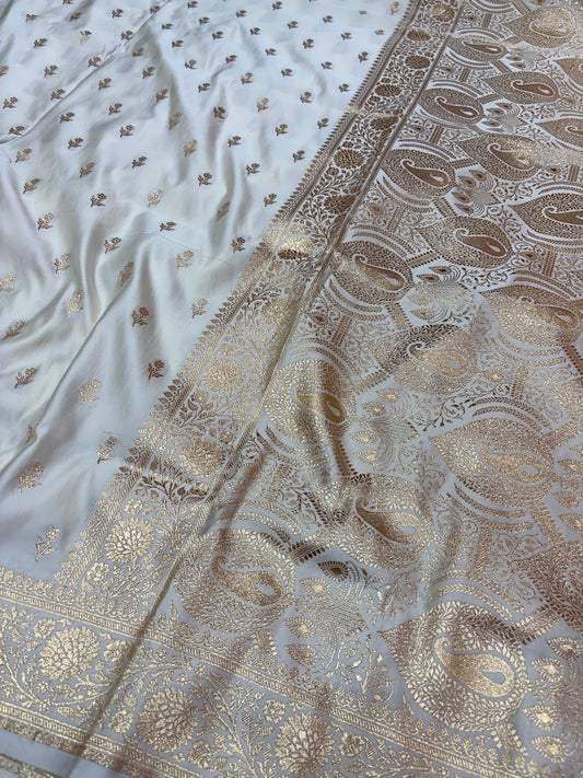 Ivory (White) Gold Zari Banarasi Katan Silk Saree (K57)