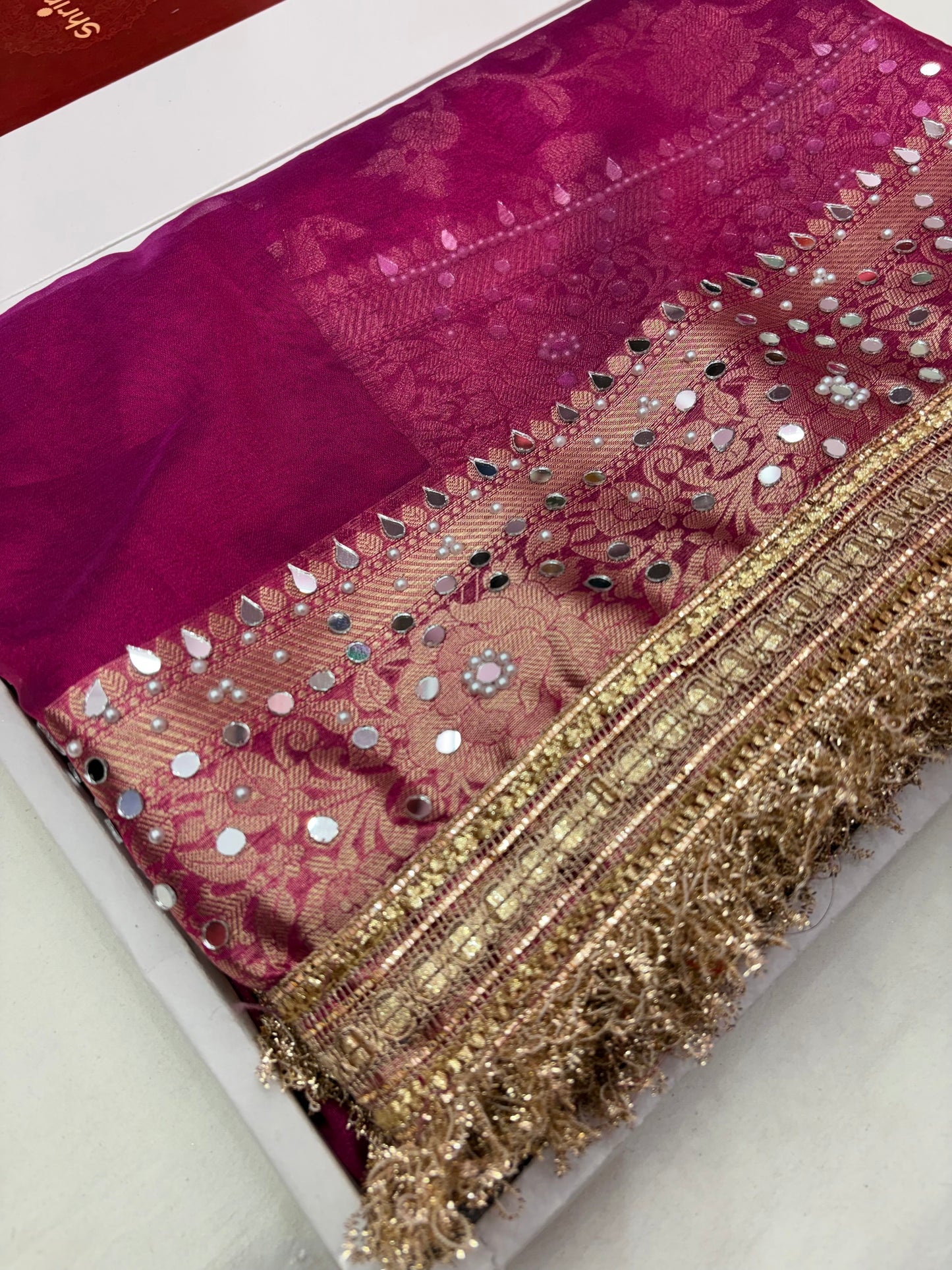 Maharani Tissue Saree with Designer Mirror Work & Jaal Blouse in Rani Pink (T6)