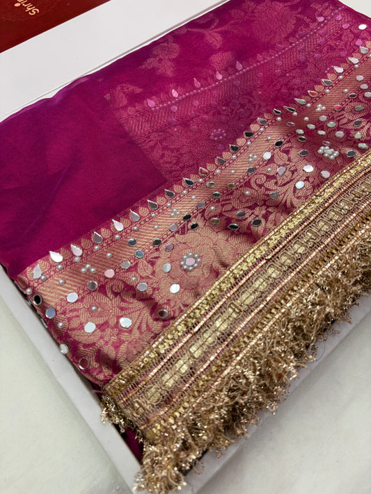 Maharani Tissue Saree with Designer Mirror Work & Jaal Blouse in Rani Pink (T6)