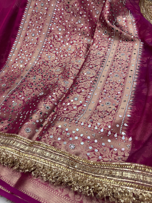 Maharani Tissue Saree with Designer Mirror Work & Jaal Blouse in Rani Pink (T6)