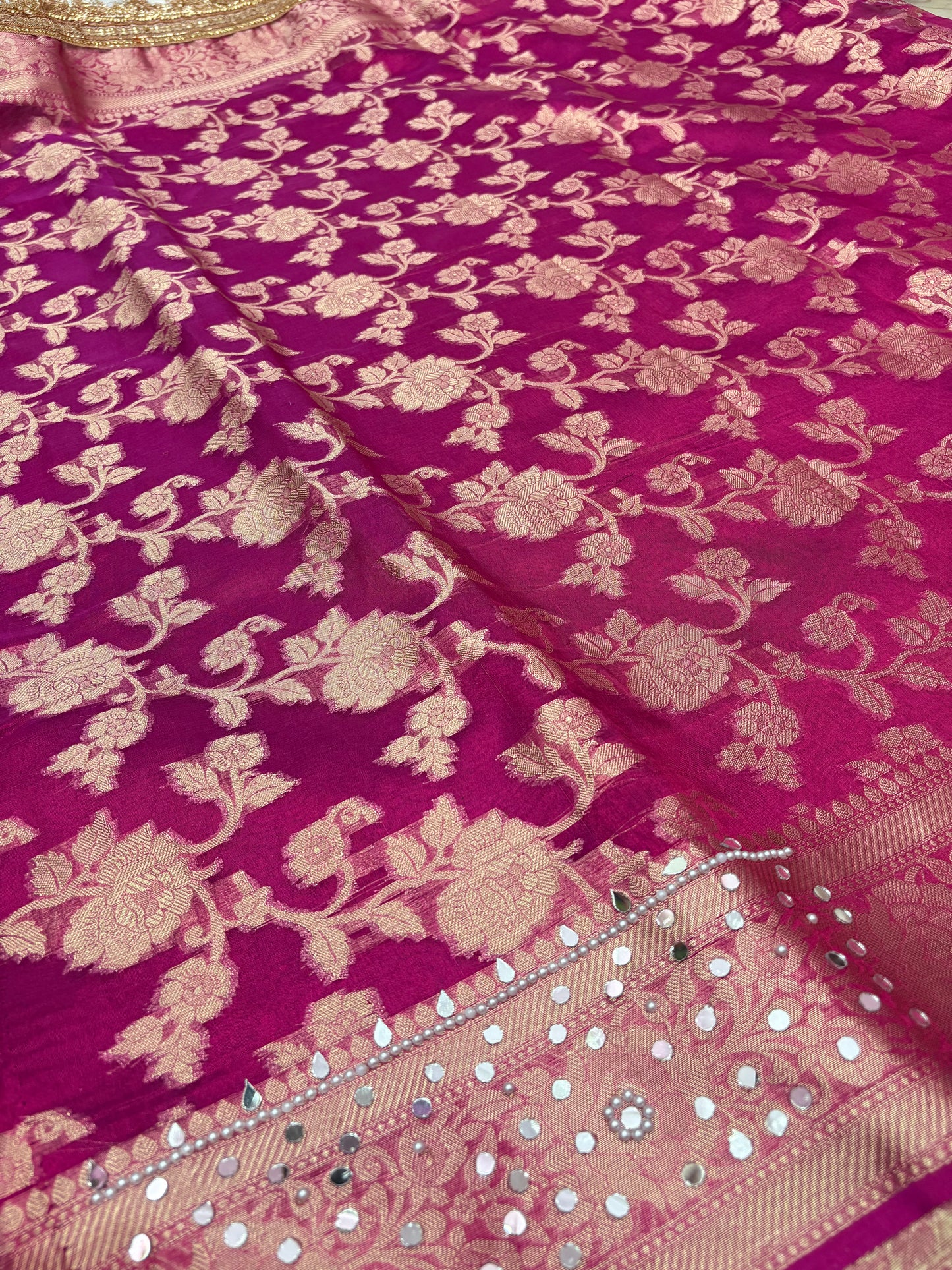 Maharani Tissue Saree with Designer Mirror Work & Jaal Blouse in Rani Pink (T6)