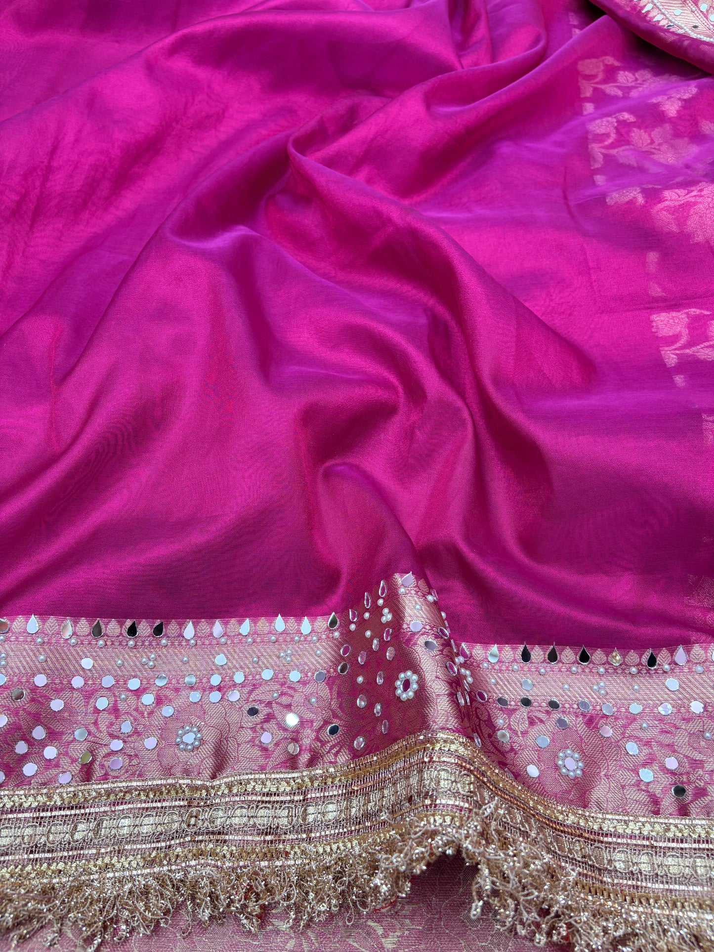 Maharani Tissue Saree with Designer Mirror Work & Jaal Blouse in Rani Pink (T6)