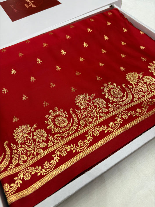 Red Katan Banarasi Saree with Floral Zari Border (K59)