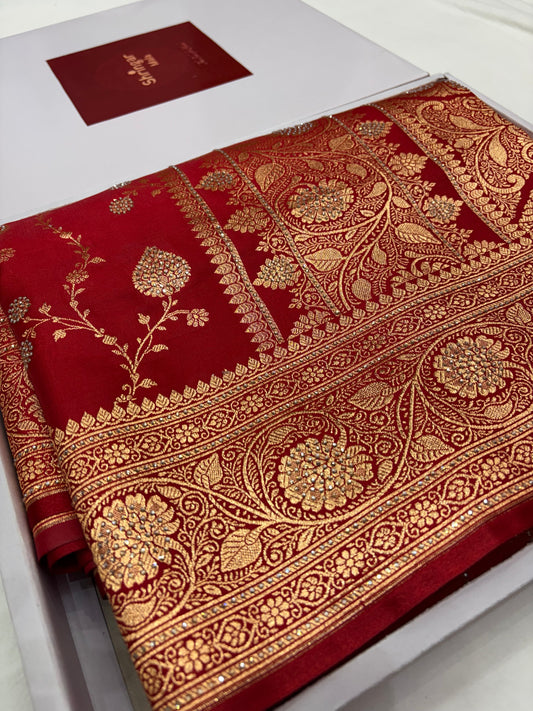Red Banarasi Satin Silk Saree with Stone Work (S8)