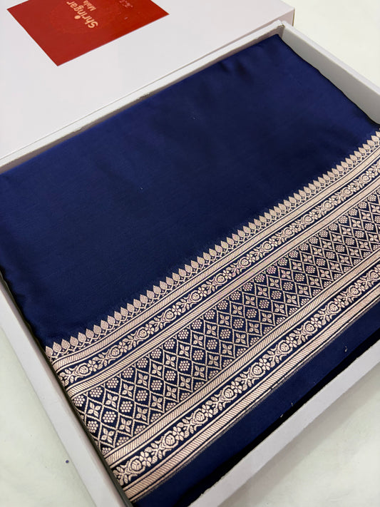 Navy Blue Banarasi Mashru Silk Saree (K61)