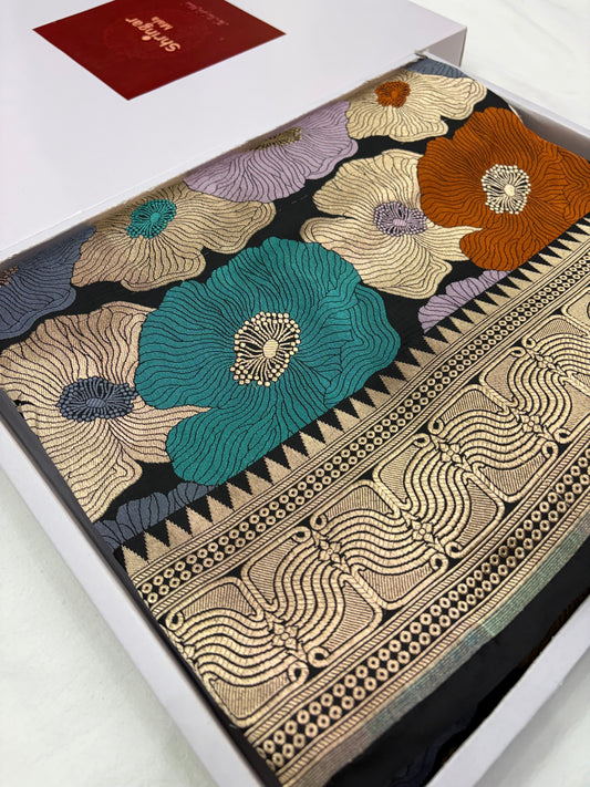 Pure Banarasi Meenakari Silk Saree – Midnight Floral Elegance (PK23)
