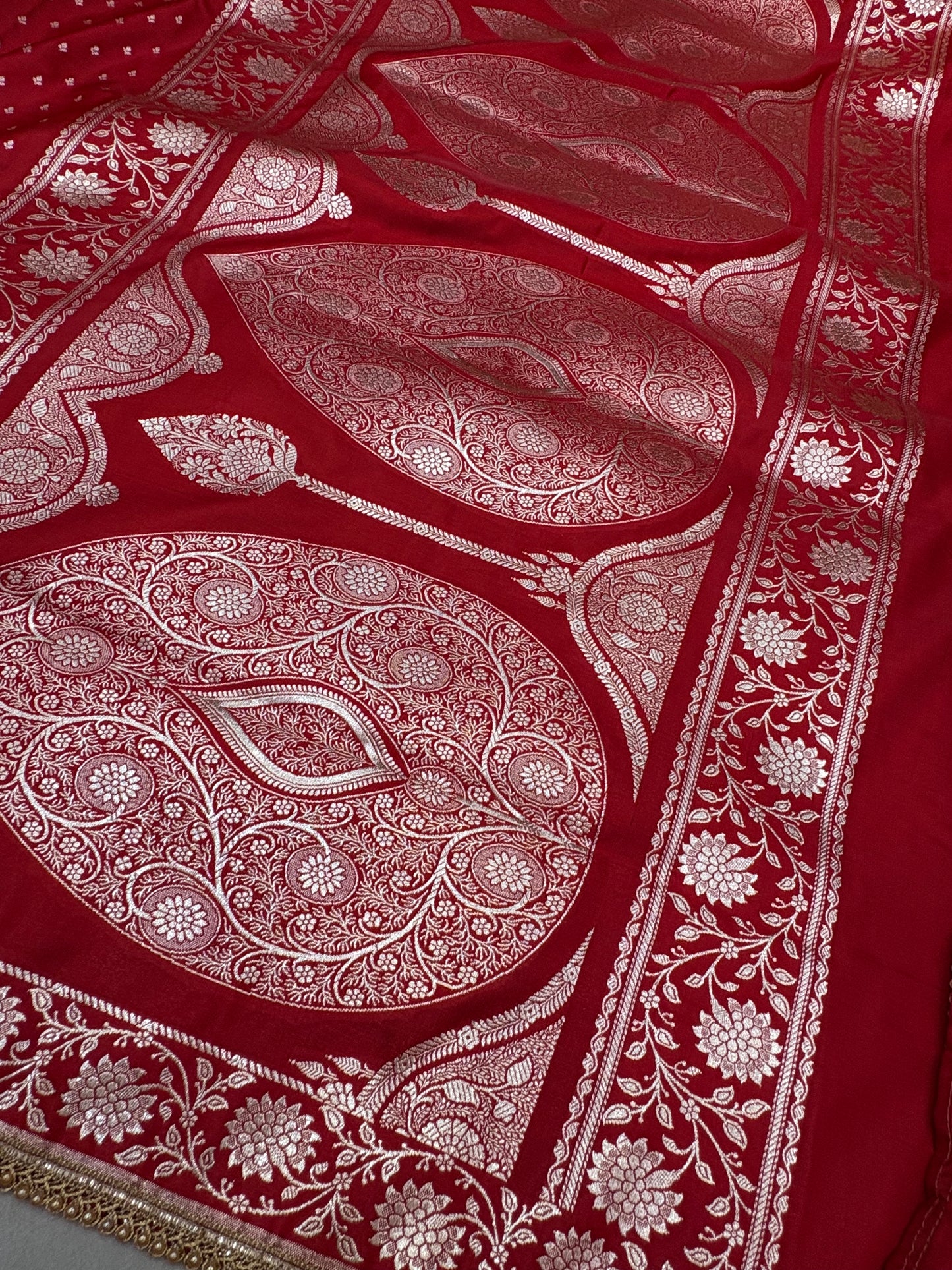 Red Satin Silk Saree with Banarasi Zari Weaving