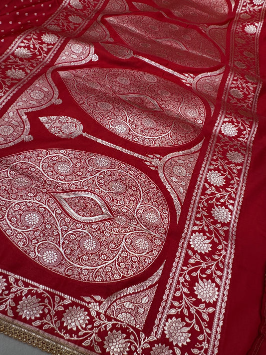 Red Satin Silk Saree with Banarasi Zari Weaving
