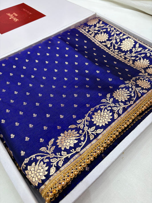 Royal Blue Satin Silk Saree with Banarasi Zari Weaving