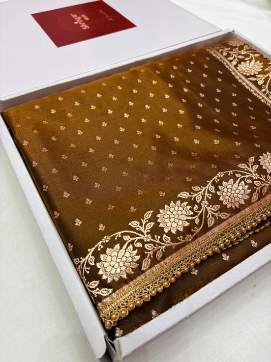 Coffee Brown Satin Silk Banarasi Saree With Zari Weaving (S7)