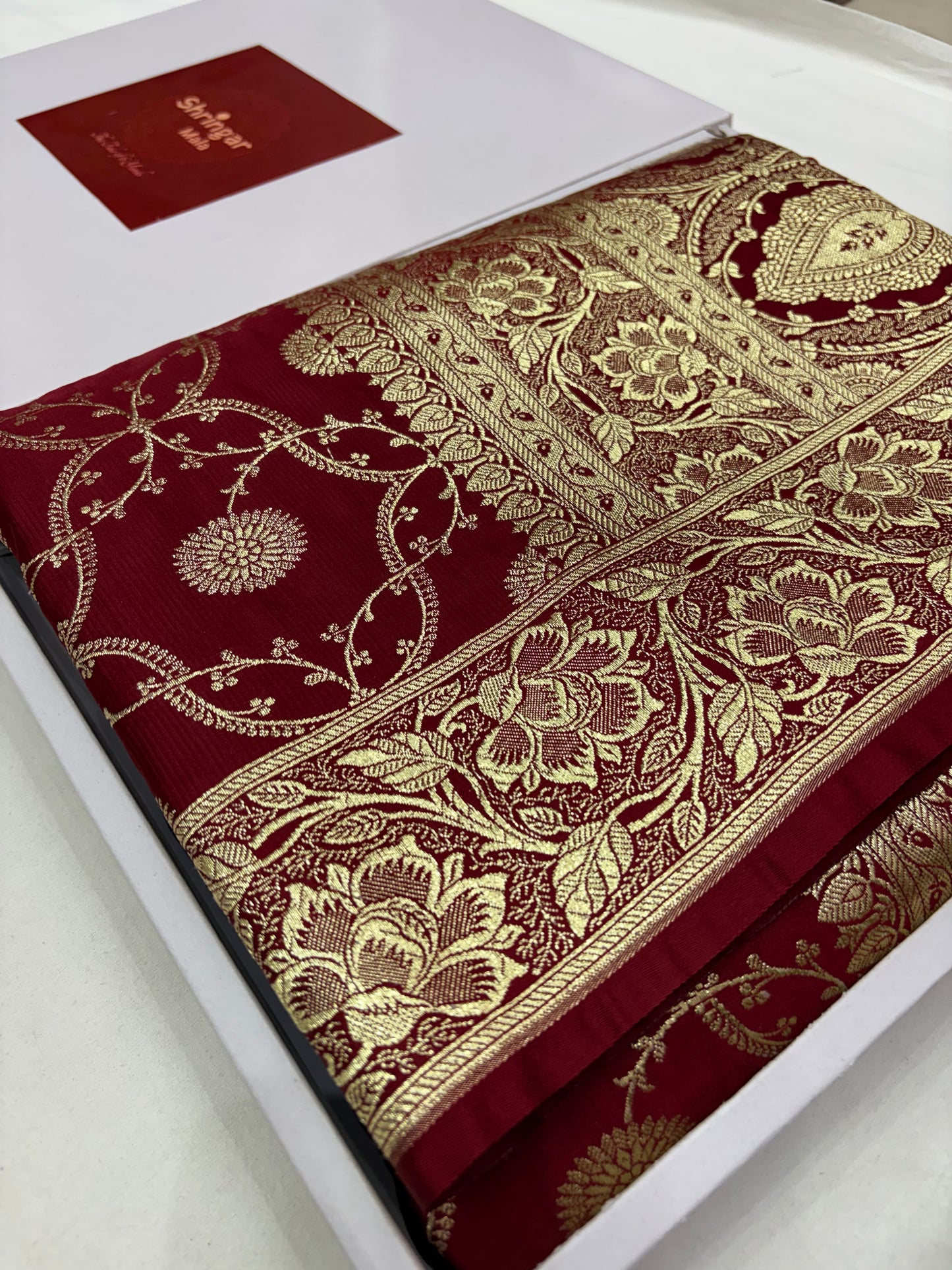 Banarasi Katan Silk Saree in Deep Maroon with Floral Jaal &amp; Rich Zari Pallu