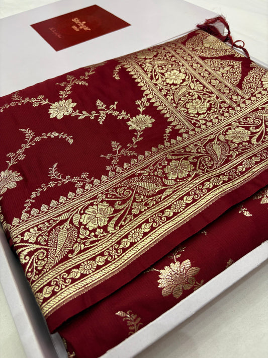 Banarasi Katan Silk Saree in Maroon with Floral Jaal Weaving (K67)