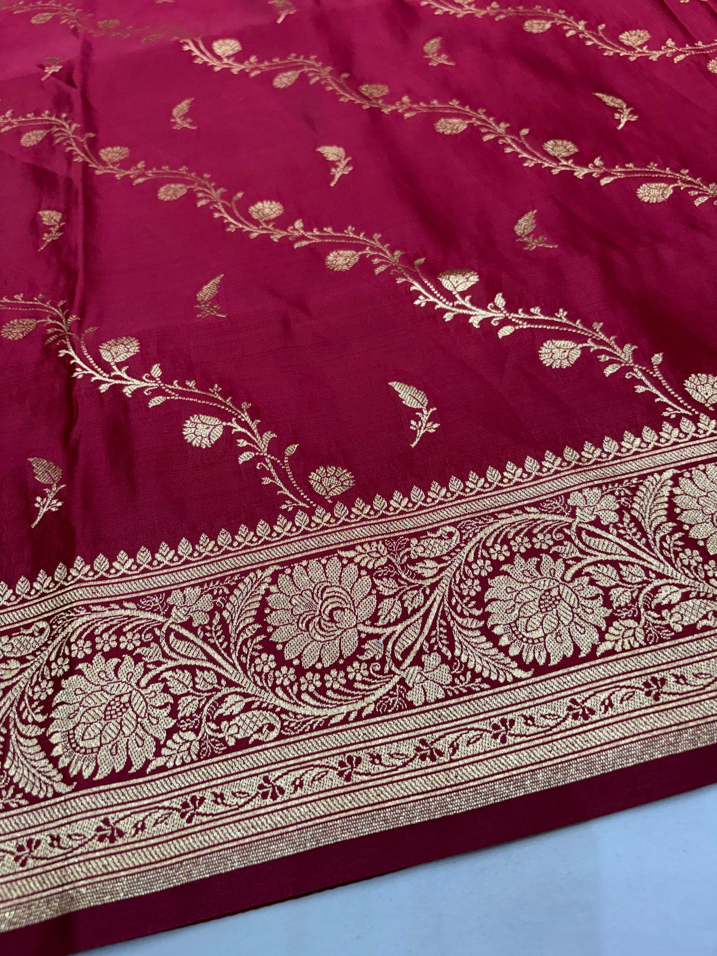 Banarasi Katan Silk Saree in Rani Pink with Floral Zari Border