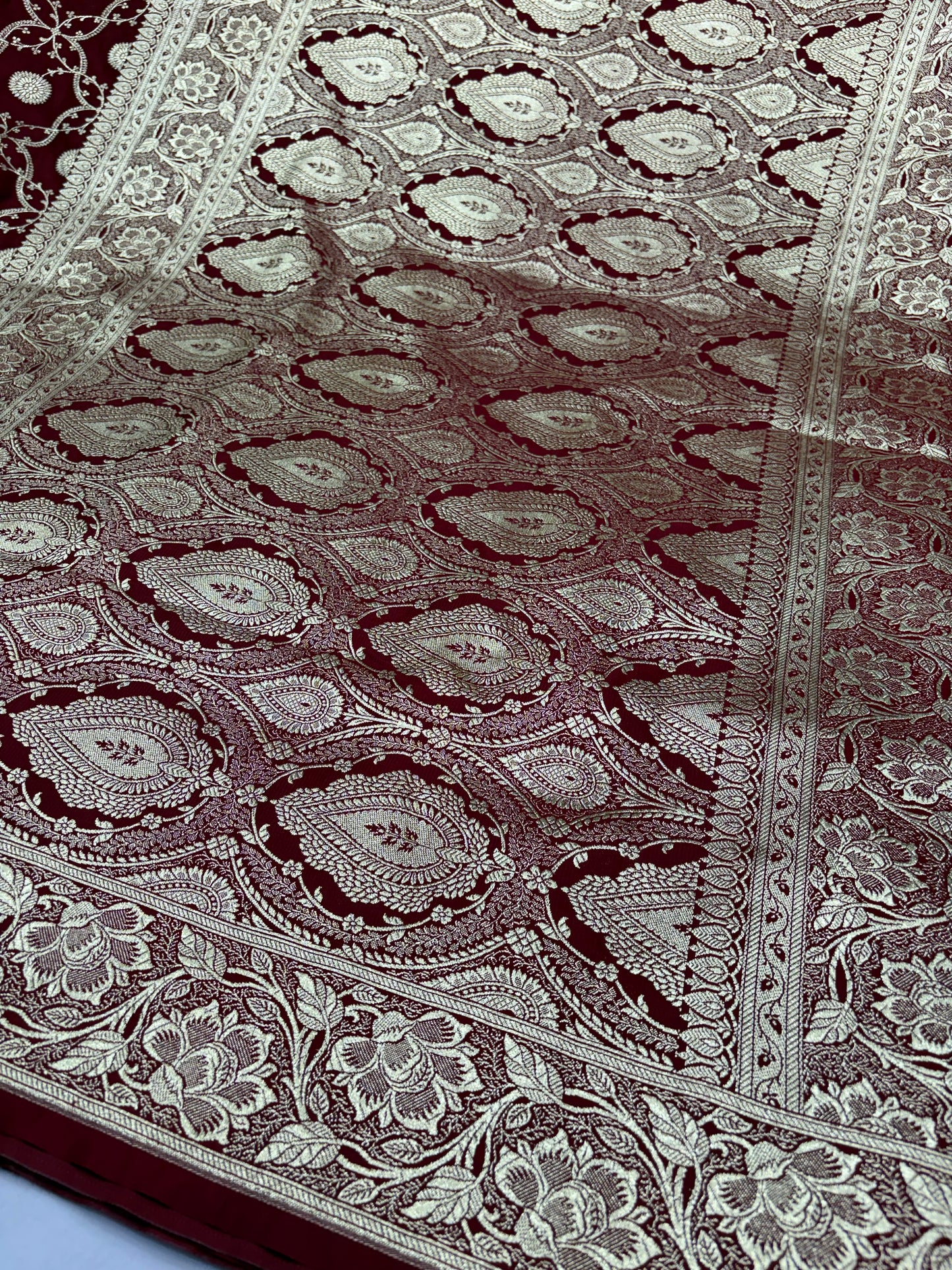 Banarasi Katan Silk Saree in Deep Maroon with Floral Jaal &amp; Rich Zari Pallu