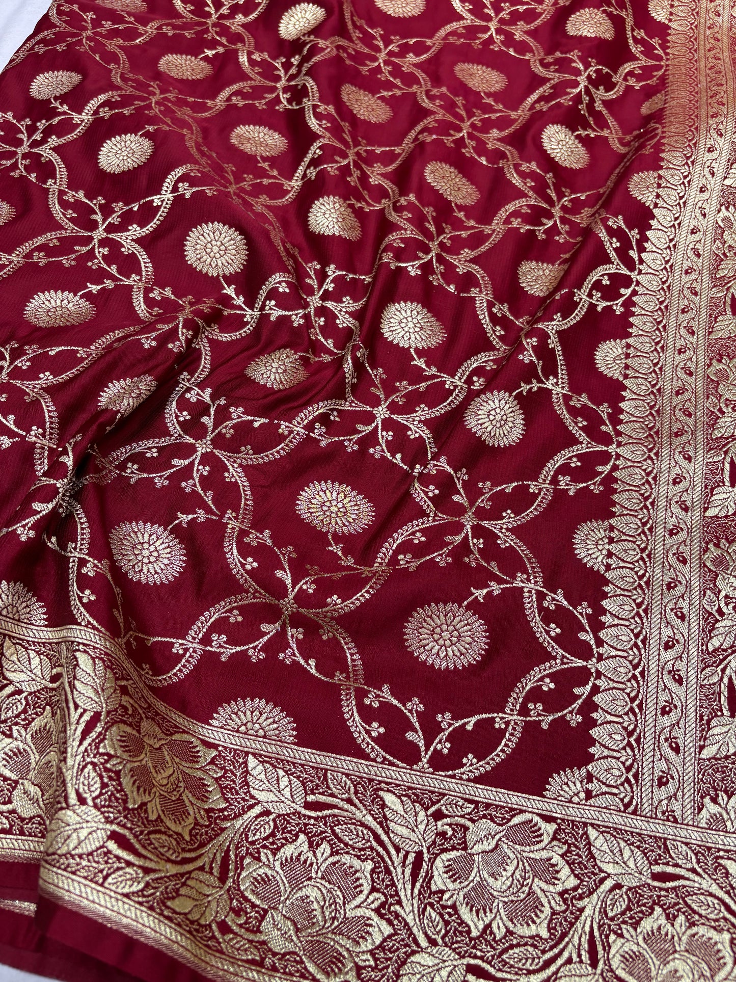 Banarasi Katan Silk Saree in Deep Maroon with Floral Jaal &amp; Rich Zari Pallu