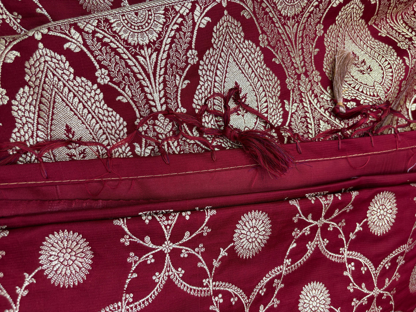 Banarasi Katan Silk Saree in Deep Maroon with Floral Jaal &amp; Rich Zari Pallu