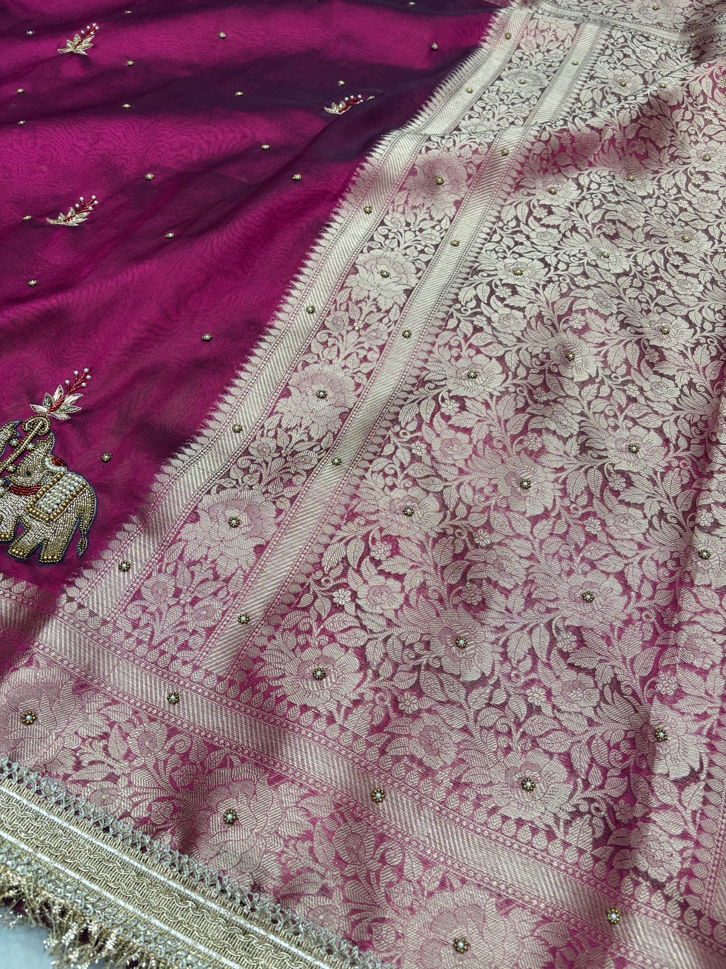Wine Tissue Saree with Handcrafted Zardozi Elephant Motifs (T7)